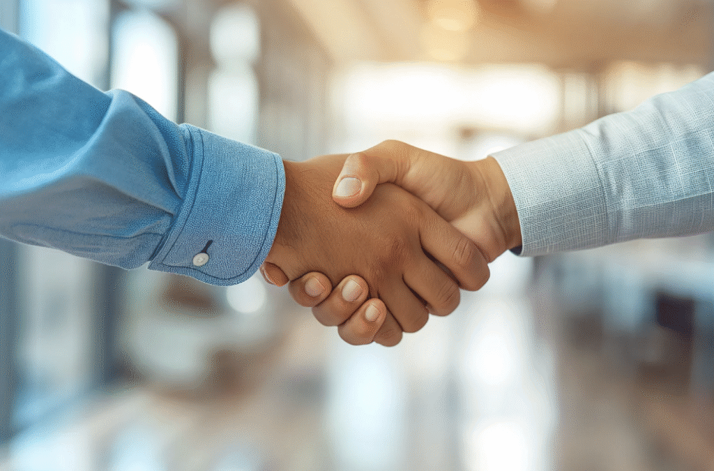 two men shake hands with blue shirts on